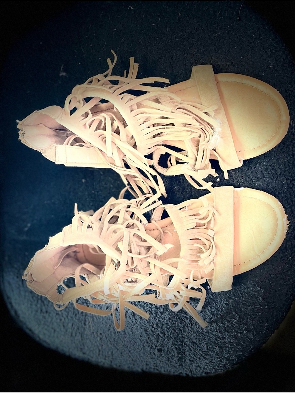 Fringe Open-Toe Sandals in Light Pink